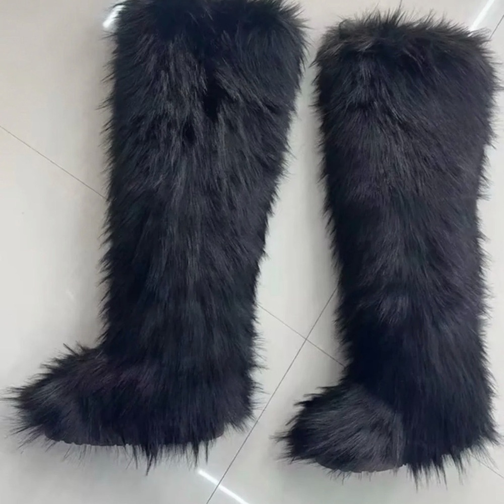 Faux Fur Black Thigh High Boots